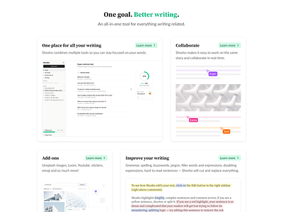 Updated Shosho website cards collaboration dashboard doc document editing editor feature cards google doc grammarly saas text text editor tracking unsplash website word writer writing wysiwyg