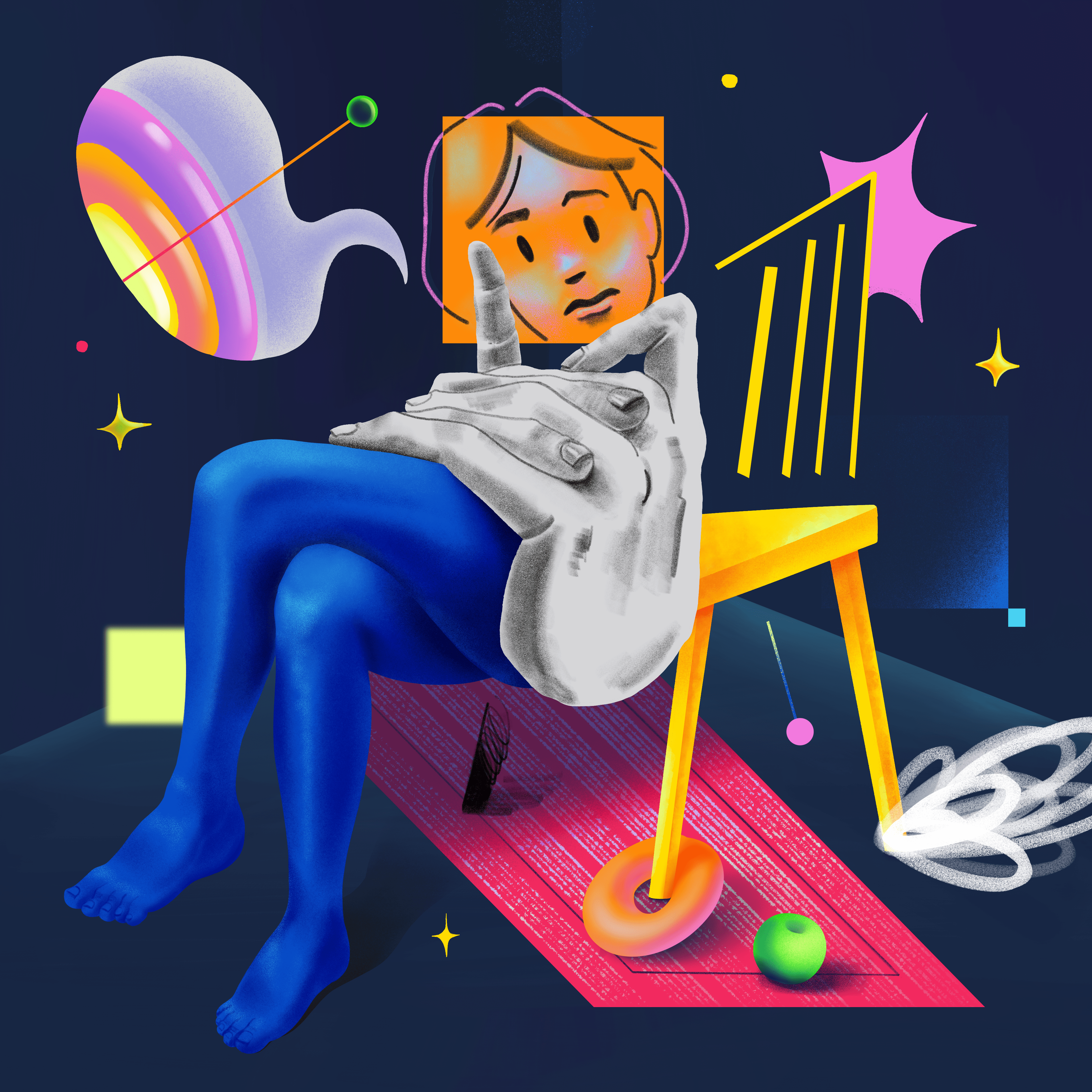 The deeper we go 2d character drawing flat graphic illustration medicine mental mixed psyche psychology shapes simple spot