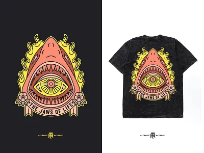 The Jaws of Life apparel band band merch branding eye fire graphic design jaw line line art merch merch design merchandise music music apparel pierce the veil shark tattoo tshirt tshirt design