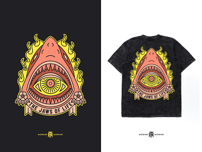 The Jaws of Life apparel band band merch branding eye fire graphic design jaw line line art merch merch design merchandise music music apparel pierce the veil shark tattoo tshirt tshirt design