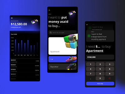 Save money app 3d app bar chart chart dark dark ui financial fintech keyboard money save money ui