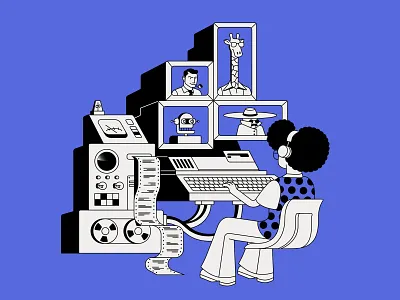 Online meeting afro flat giraffe illustration meeting retro robot vector zoom