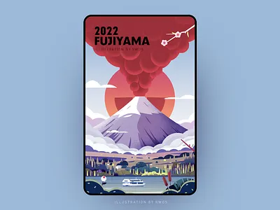 Fujiyama fujiyama illustration landscape mountain river sheep tree vector volcano