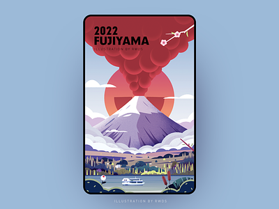 Fujiyama fujiyama illustration landscape mountain river sheep tree vector volcano