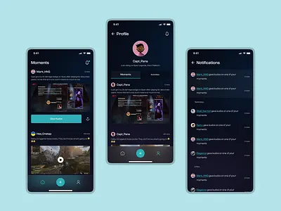 Moments App UI/UX dark mode game gaming ui minimal mobile app