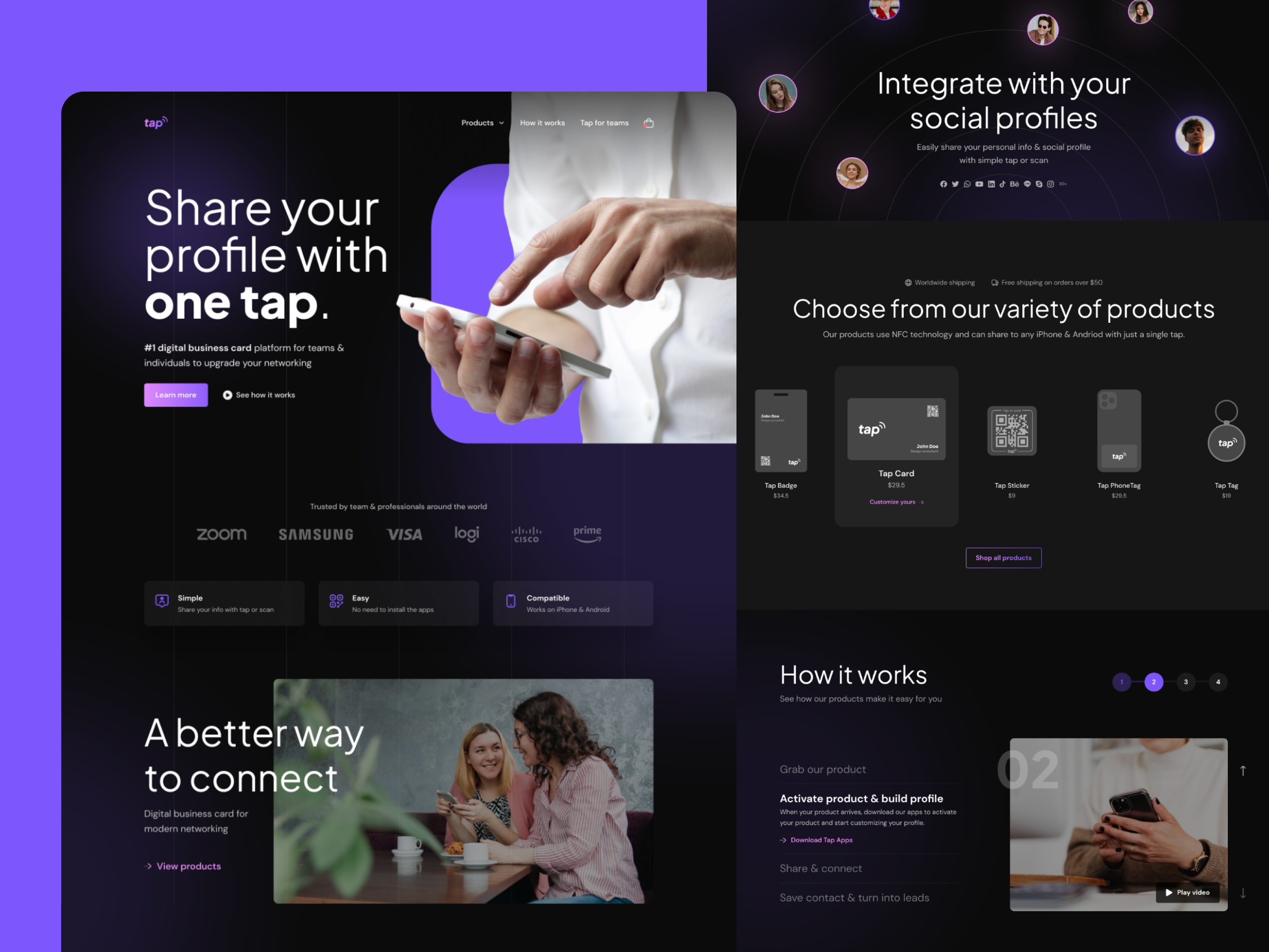 Tap! Digital Business Card Landing Page app business business card connect dark digital landing page lead marketing network nfc people phone profile purple qr code scan sticker tap ui