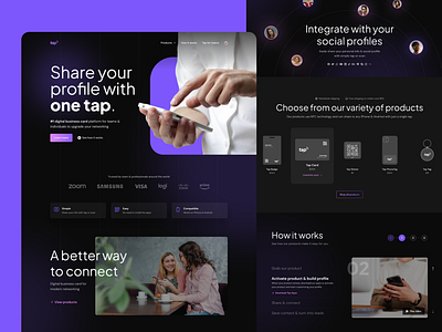 Tap! Digital Business Card Landing Page app business business card connect dark digital landing page lead marketing network nfc people phone profile purple qr code scan sticker tap ui