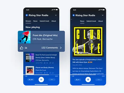 Edmradio - Mobile Application Design android app app appdesign cross platform app dark mode dark mode design darkscheme edm radio figma design gradient design iosapp movile screen music music app radio app ui design uiux ux design