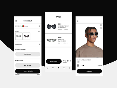 Checkout and bag screens app bag balenciaga concept cart checkout clothing app e commerce glasses interface mobile interface sunglasses ui ux