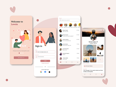 Lovein Dating App app case study dating app design figma frame hi fi design illustration login page love mobile app mobile app design onboarding page prototype prototyping ui uiux uiux design ux valentine