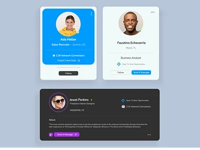 Professional Network Usercards cards clean dark darkmode design jobs platform professional ui ui design uiux user user interface usercard ux