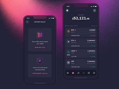 Onez Crypto Wallet - Mobile App app design bitcoin blockchain crypto cryptocurrency exchange finance gradient ios mobile design restore wallet white label