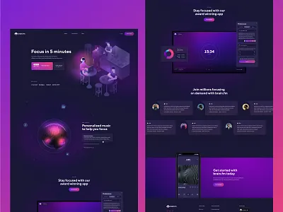 Brain FM web design brain.fm dark focus illustration landing page music relax ui unfold ux web app web design website
