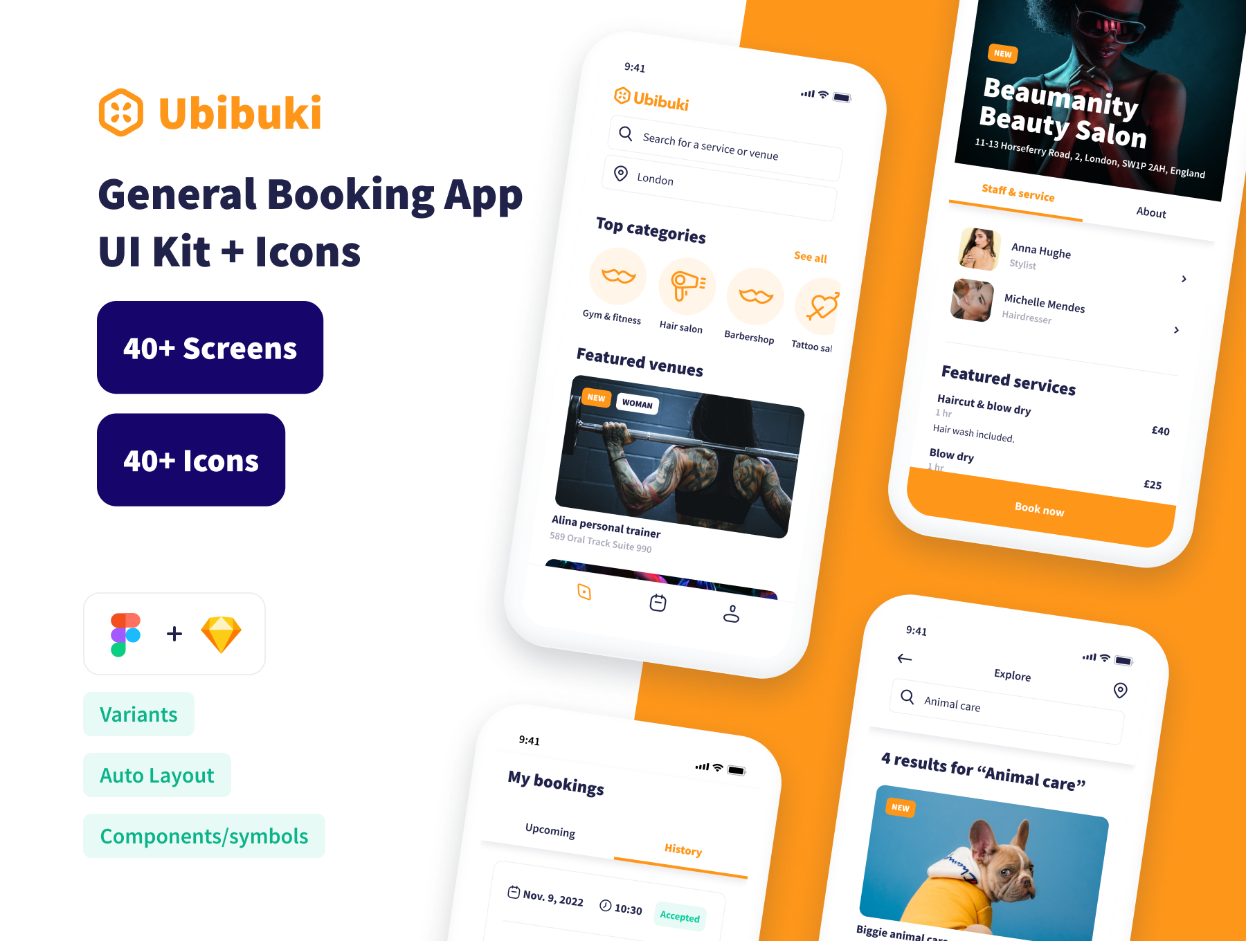 Booking App UI Kit + Icons (Figma & Sketch) app auto layout 4.0 b2b booking booking app design design system figma gumroad icons ios pczohtas pánczél otto saas schedule sketch style guide ui design ui kit venue