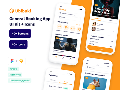 Booking App UI Kit + Icons (Figma & Sketch) app auto layout 4.0 b2b booking booking app design design system figma gumroad icons ios pczohtas pánczél otto saas schedule sketch style guide ui design ui kit venue