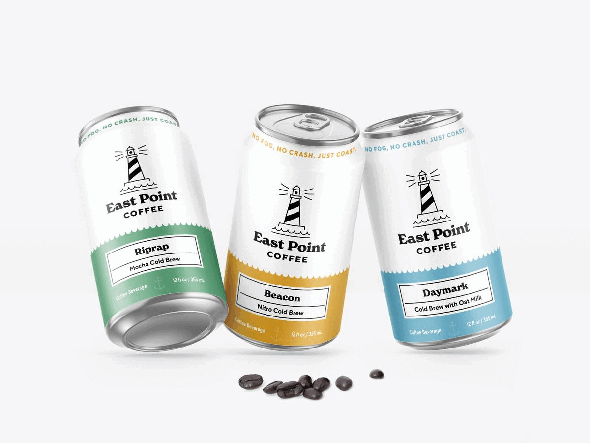 East Point Coffee bag bean beverage branding cafe can coast coffee cold brew east identity lighthouse logo ocean packaging pouch water