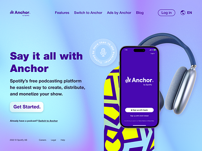 Anchor Podcasting Platform Redesign airpodmax anchor hero hero section interactive iphone landing page mesh gradient podcast redesign spotify