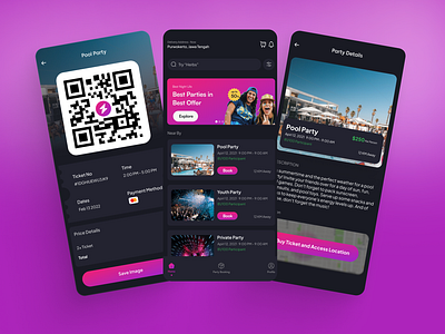 Party Booking App UI booking app event app event description app event detail event list night party party app qr code