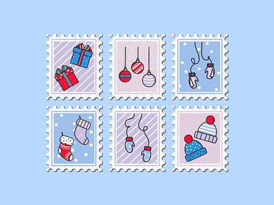 Holiday postage stamps 2d art artwork blue brand branding cartoon christmas clean color design flat graphic hat icon illustration minimal ornament simple stamps