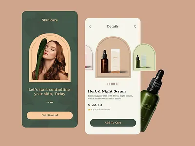 Beauty Product Shopping App addtocart application beauty beautyapp beautyproducts branding buy detail ecommerce get started green inspiration minimal mobile onboarding product shopping skin care products ui uiux