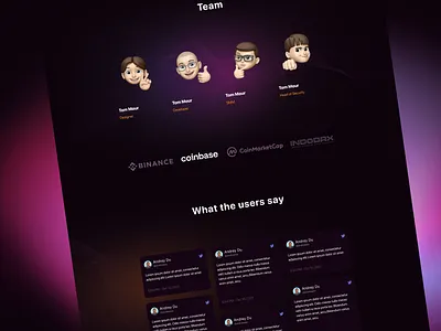 Testimonials/Team Section/Design concept for Crypto project about us crypto cryptotoken dark emoji landing promo team testimonials token ui web design