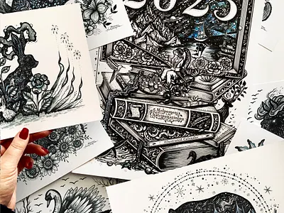 Artworks featured in my 2023 Calendar. 2023 calendar animals art artwork bear botanical branding design drawing flowers graphic design handmade hare illustration landscape logo nature scenery surreal swan