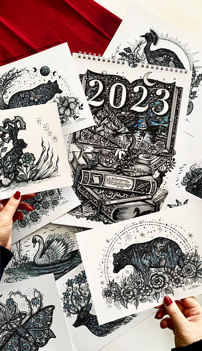 Artworks featured in my 2023 Calendar. 2023 calendar animals art artwork bear botanical branding design drawing flowers graphic design handmade hare illustration landscape logo nature scenery surreal swan