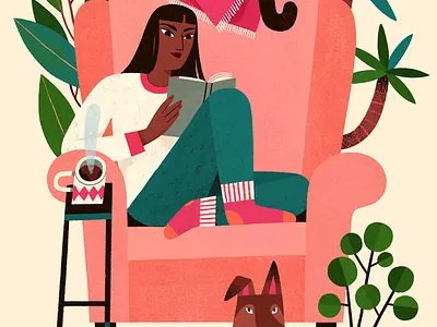 Sunday armchair book bookworm cat colourful cosy cute girl illustration procreate reading reading corner relax