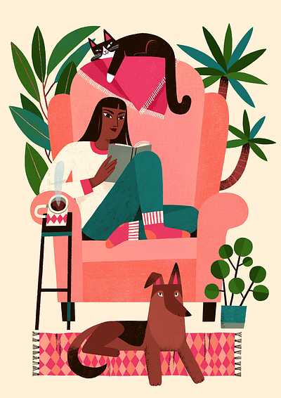 Sunday armchair book bookworm cat colourful cosy cute girl illustration procreate reading reading corner relax
