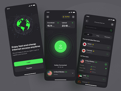 VPN App Ui/Ux Design. app app design app design ispiration app ui ux black app green app hire ui ux designer inspiration latest app design latest ui ux design networking app nft nft app pro app design trending trending design trendy app design trendy design trendy ui ux design vpn app