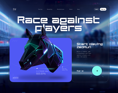 ZedRun | Play-to-earn homepage concept ai banner blockchain blue crypto dark futurism game gaming green home horse main neon neural network nft page pay to earn polygon pte