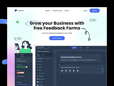 Feedback Form Builder branding builder dark drag drop feedback form form page icons illustration input label landing mobile app product sketch ui uiux ux webapp