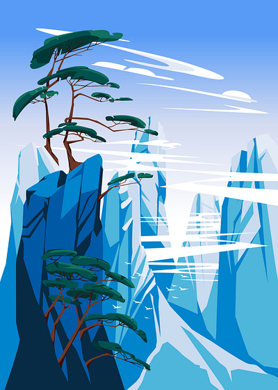 Trees on high rocks in a sea of clouds. Asian landscape asian blue clouds coniferous environment forsale high illustration landscape mountain pine print rock sky trees vector art vector illustration