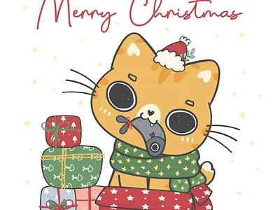 I have a gift for your Christmas cartoon catmas character design christmas doodle drawing flat vector funny cat illustration vector