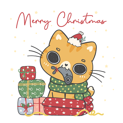 I have a gift for your Christmas cartoon catmas character design christmas doodle drawing flat vector funny cat illustration vector