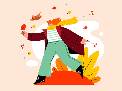 Autumn autumn bird characters flat girl illustration leaves outdoor red run vector