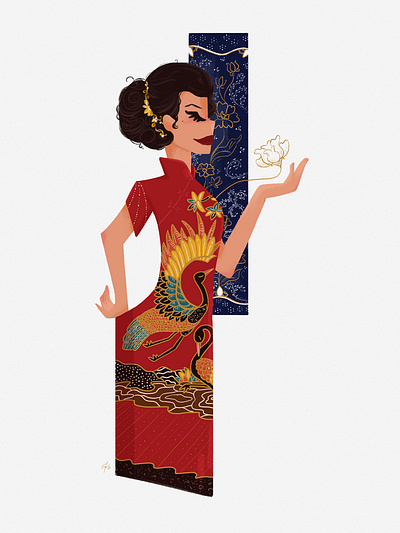 Lady in Batik Cheongsam 2d illustration characer design culture illustration portrait