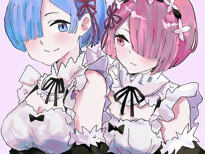 ram & rem re zero anime art character cute girl design character drawing illustration maid