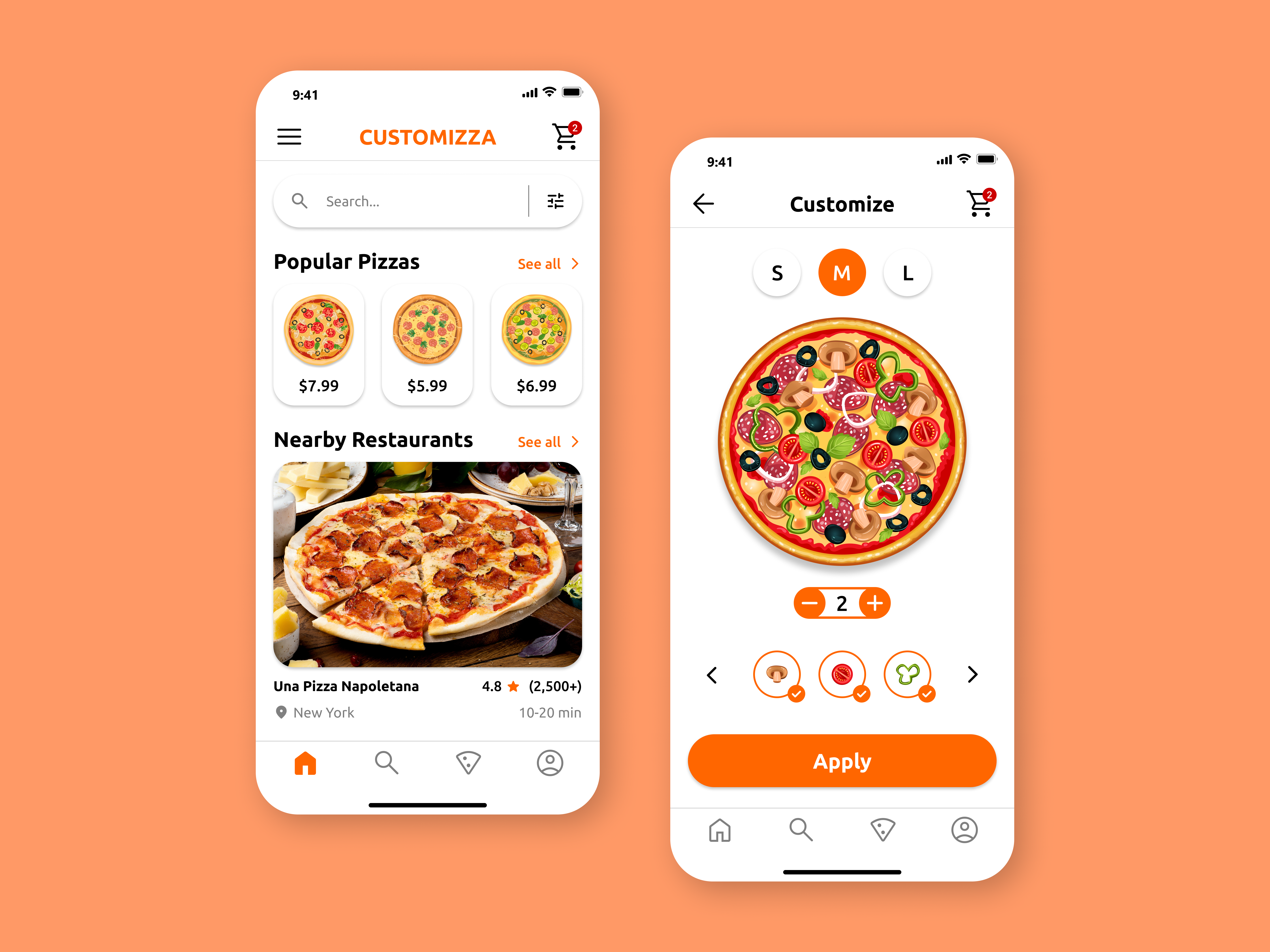 Tela de customização e opções em app pizza