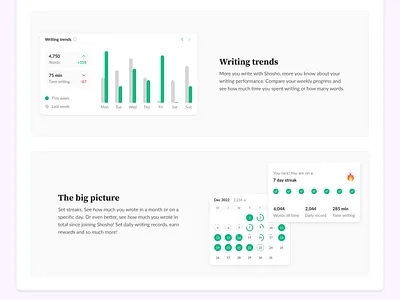 Writing dashboard (2) bar chart calendar chart daily goal dashboard game gamification level up pie chart progress saas set daily goal streak text editor trend ui writing writing dashboard writing stats writing trends