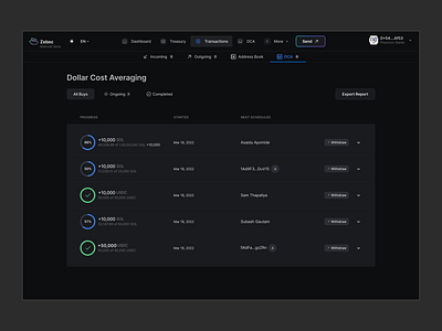 Zebec Protocol - DCA Transaction history dashboard design ui