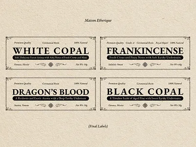 Maison Etherique - Labels Design badge design black and white illustration branding design emblem design engraving illustration illustration label labels labels design logo resin labels vintage illustration
