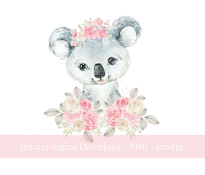 Baby Koala Bear Pink Floral PNG, Watercolor Koala Sublimation De 3d animation app branding design graphic design illustration logo ui vector