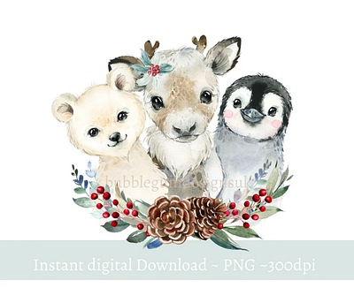 Baby Winter Animals PNG, Watercolor Baby Animals 3d animation app branding design graphic design illustration logo ui vector