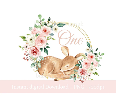 Baby Deer Pink Roses Wreath PNG, First Birthday Sublimation Desi 3d animation app branding design graphic design illustration logo ui vector