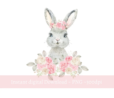 Grey Bunny Pink Floral PNG, Watercolor Easter Bunny Sublimation 3d animation app branding design graphic design illustration logo ui vector