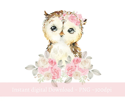 Baby OwlPink Floral PNG, Watercolor Cute Owl Sublimation Design 3d animation app branding design graphic design illustration logo ui vector