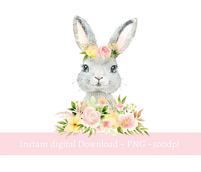 Grey Bunny Pink Yellow Floral PNG 3d animation app branding design graphic design illustration logo ui vector