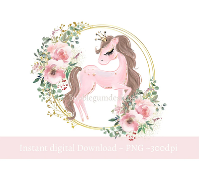 Pink Princess Pony in Floral Wreath Sublimation Design 3d animation app branding design graphic design illustration logo ui vector