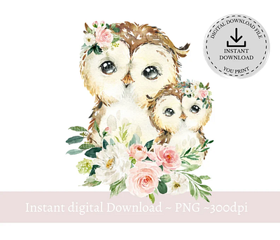 Mother & Baby Owls Pink Floral PNG 3d animation app branding design graphic design illustration logo ui vector